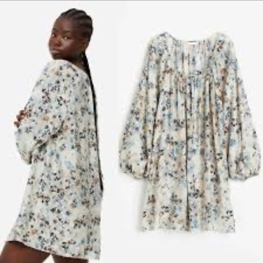 H&M | oversized Patterned Dress with Blue and Cream Tones | Long Sleeve | Sz XS